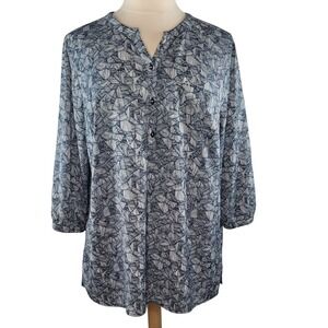 CJ Banks Blue & White Geometric Pattern Henley Tunic